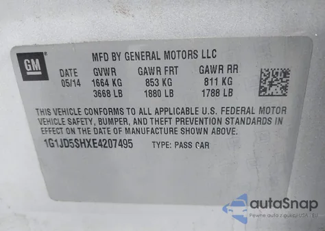 2014 Chevrolet Sonic Lt Manual из США, поврежденный, VIN 1G1JD5SHXE4207495